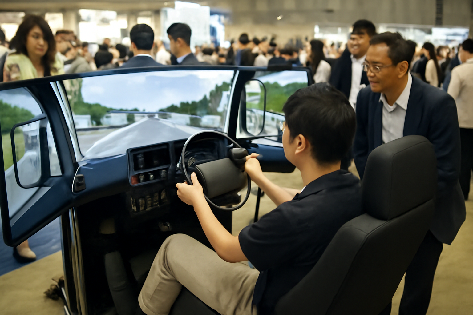 自動車教習シミュレーター公開、90万円で運転ごっこは何台売れるんや