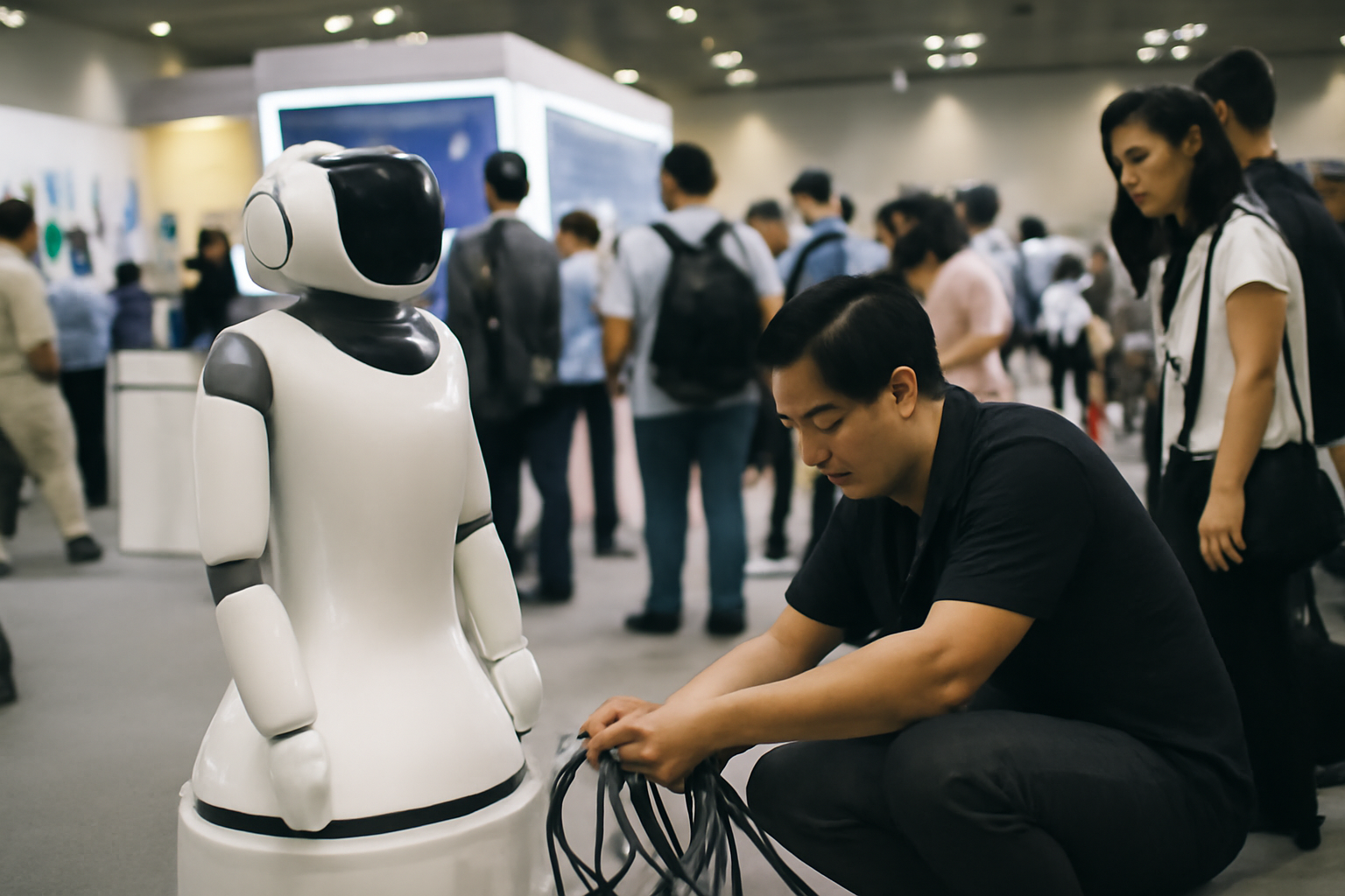 ホテル技術展示会のAIロボ、現場は配線担当が主役かよ