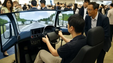 自動車教習シミュレーター公開、90万円で運転ごっこは何台売れるんや