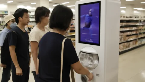 デジタルサイネージ搭載ガチャ導入、サンフレッチェ目当てで買い物2,000円爆増かよ