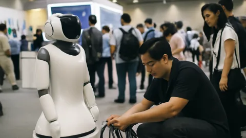 ホテル技術展示会のAIロボ、現場は配線担当が主役かよ