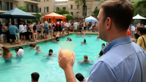 カクテル業界イベントで酒メーカー集合、昼からプールで飲み比べるなよ